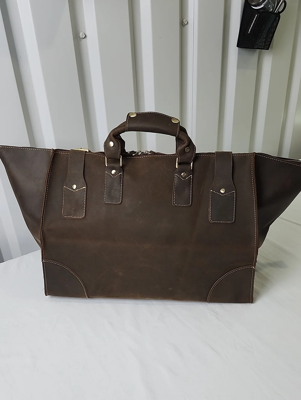 Unbranded Mens Dark Brown Full Grain Leather Travel Tote Duffle Bag Work Dr. Bag
